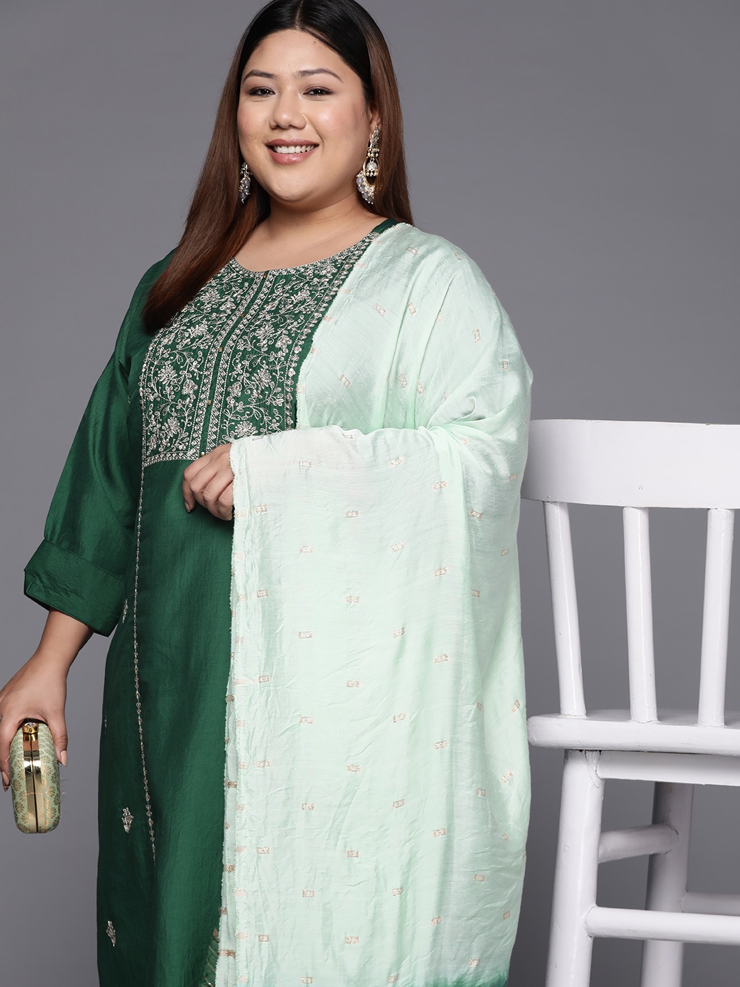 

Varanga Women Plus Size Green Embroidered Gotta Patti Cotton Kurta with Trousers & Dupatta