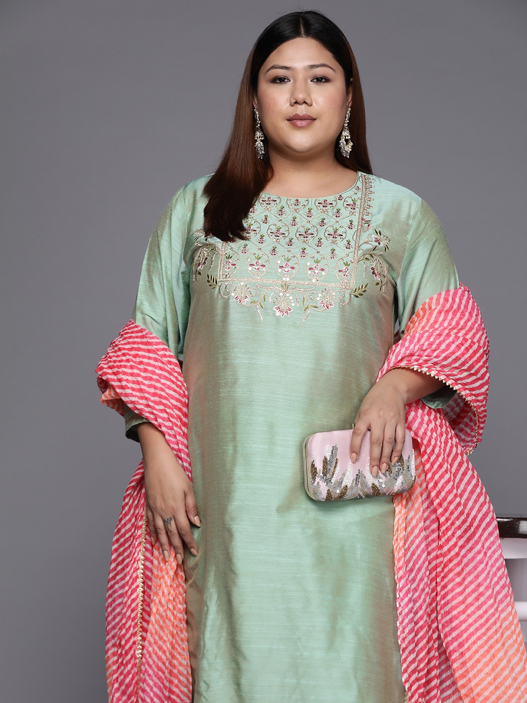 

Varanga Women Plus Size Sea Green Embroidered Sequinned Kurta with Trousers & Dupatta