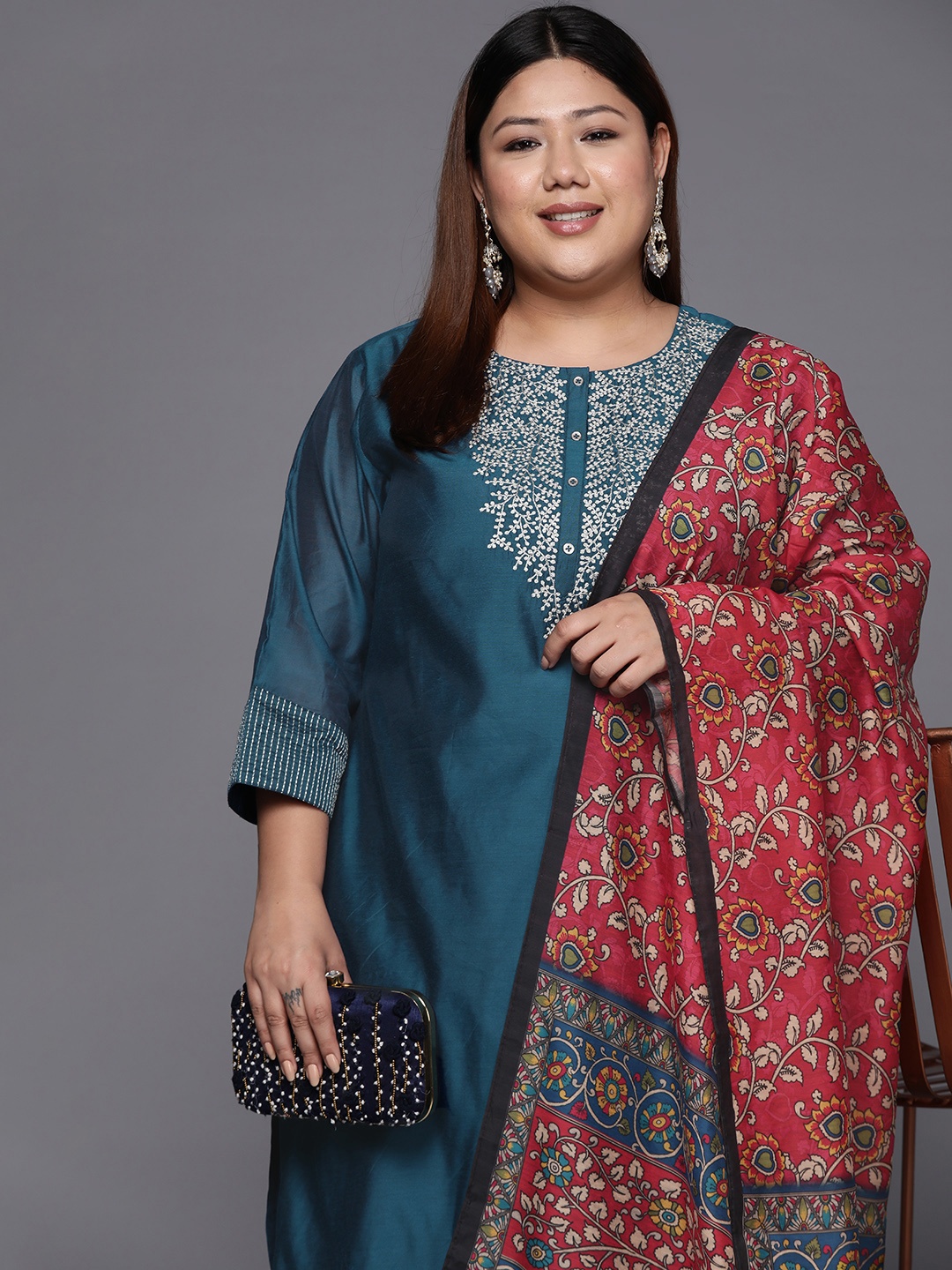 

Varanga Women Plus Size Teal Blue Yoke Design Chanderi Silk Kurta with Trousers & Dupatta