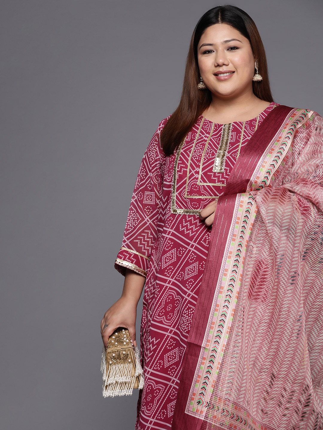

Varanga Women Fuchsia Bandhani Printed Sequinned Kurta with Trousers & Dupatta