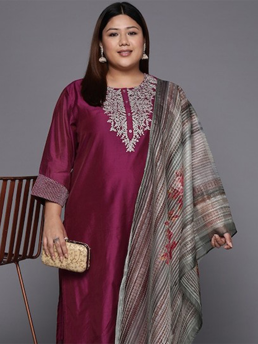 

Varanga Women Magenta Yoke Design Sequinned Chanderi Silk Kurta with Trousers & Dupatta