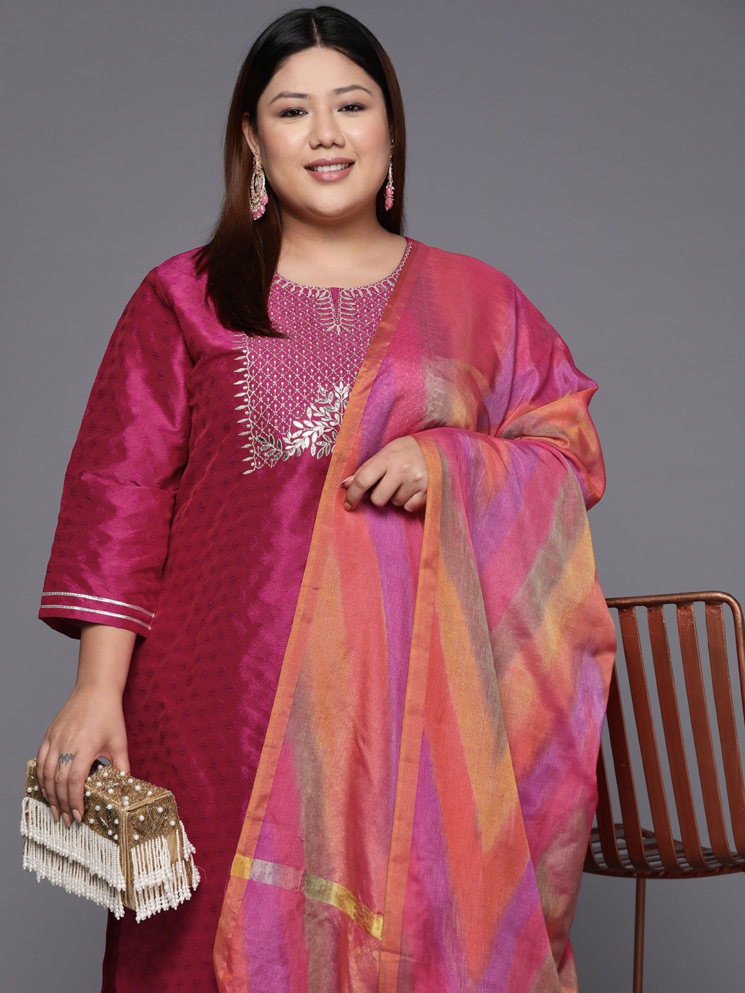 

Varanga Women Magenta Floral Embroidered Kurta with Trousers & Dupatta