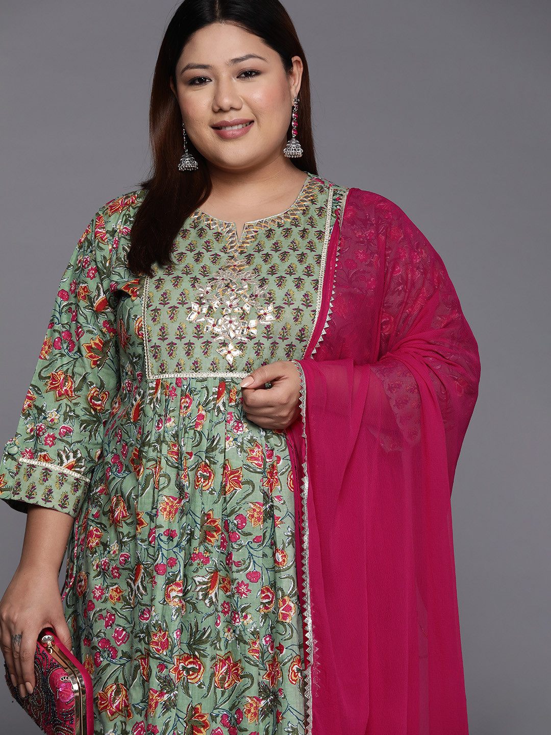 

Varanga Women Green Floral Printed Gotta Patti Pure Cotton Kurta with Trousers & Dupatta
