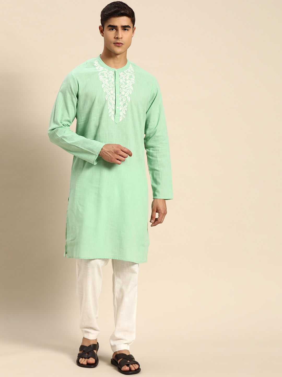 

Anouk Thread Work Embroidered Pure Cotton Kurta with Trousers, Sea green