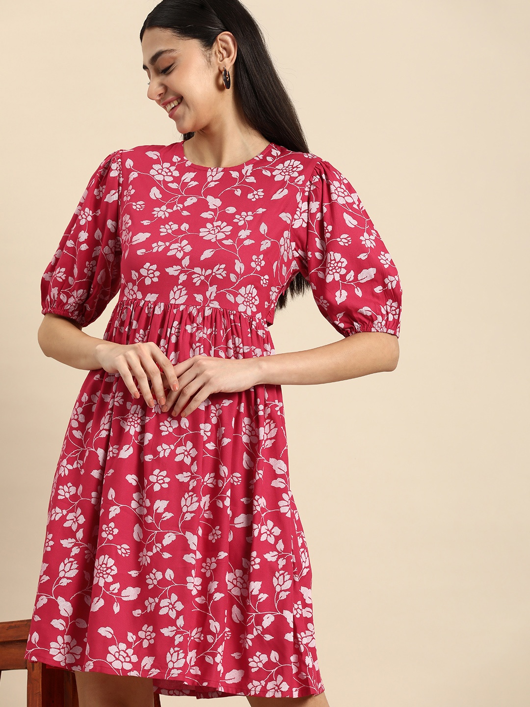 

Anouk Puff Sleeves Styled Back Floral Fit & Flare Dress, Fuchsia
