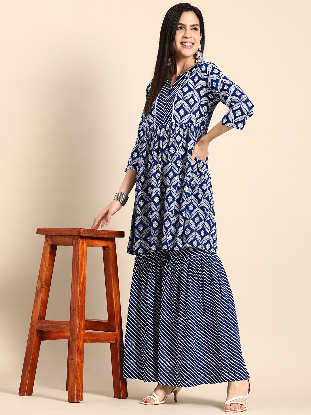 

Anouk Women Ethnic Motifs Printed Empire Kurta with Sharara, Blue
