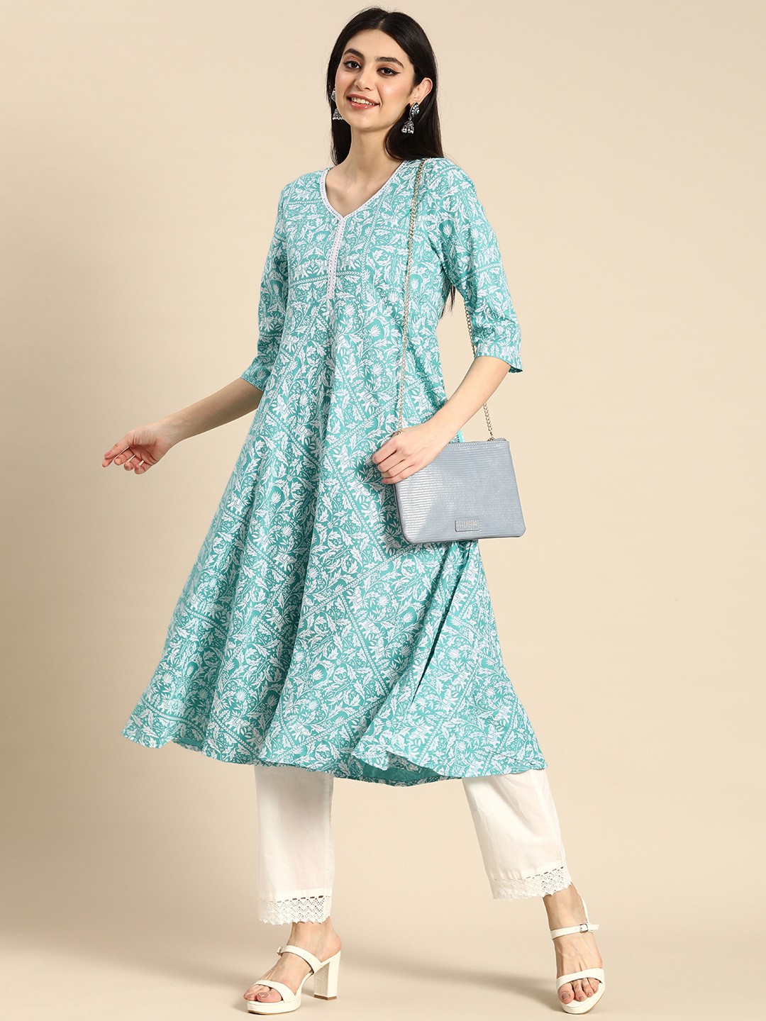 

Anouk V-Neck Ethnic Motifs Printed Anarkali Kurta, Turquoise blue