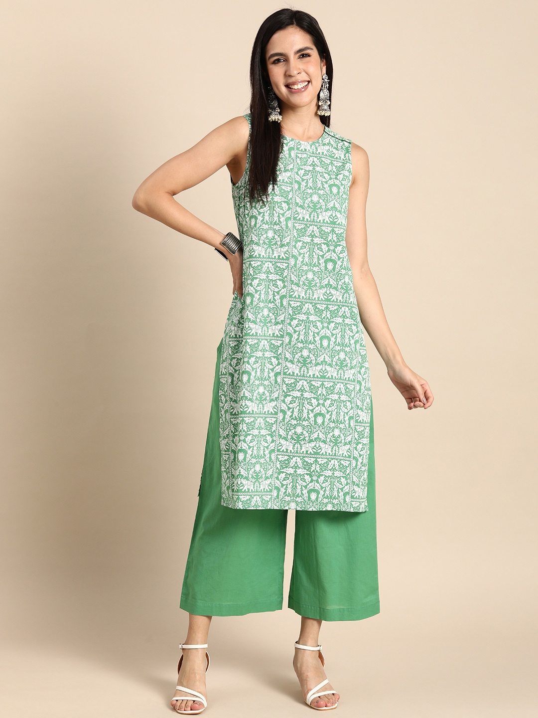 

Anouk Women Ethnic Motifs Printed Pure Cotton Kurta with Palazzos, Green