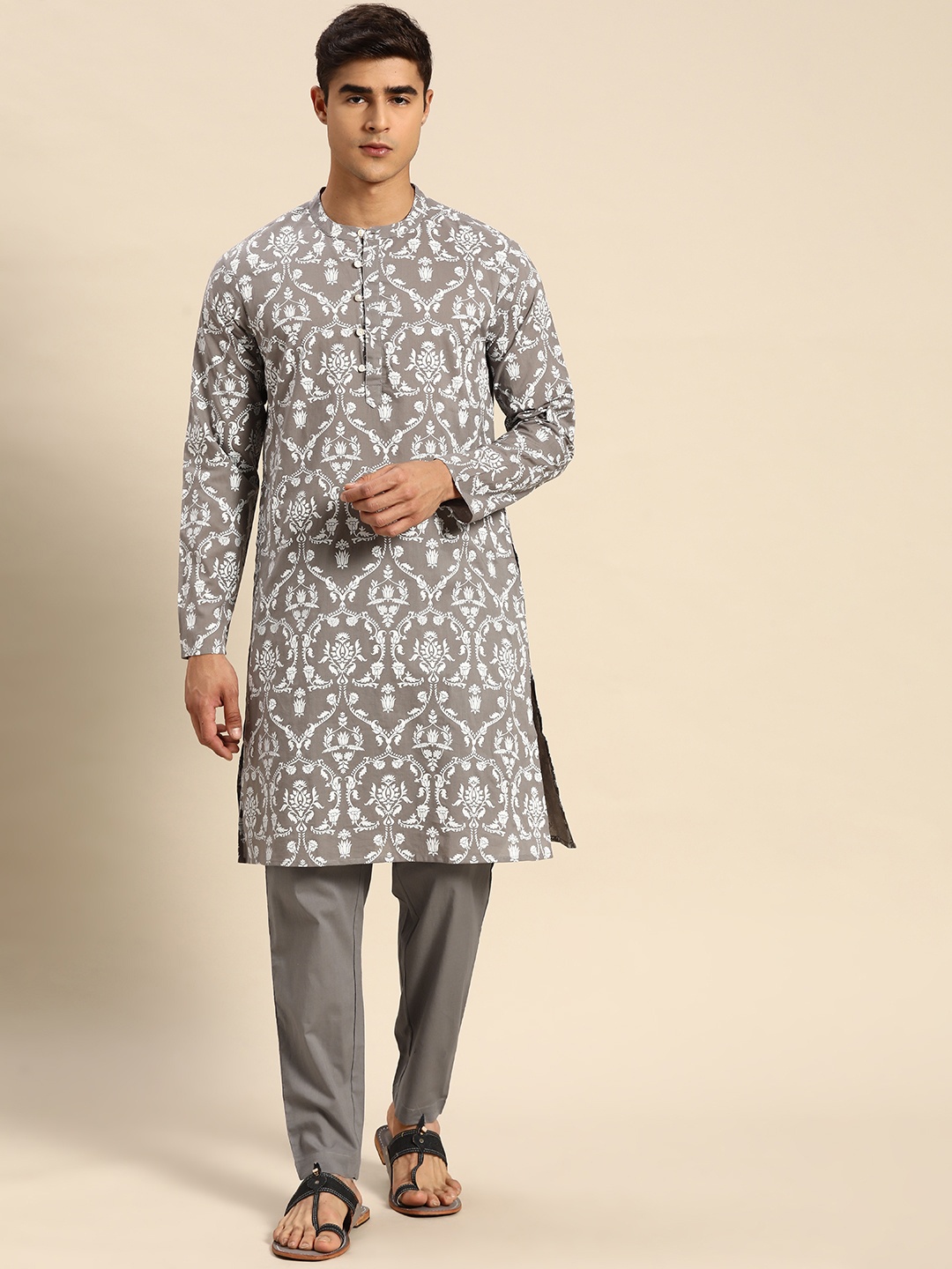 

Anouk Ethnic Motifs Printed Pure Cotton Kurta with Trousers, Grey