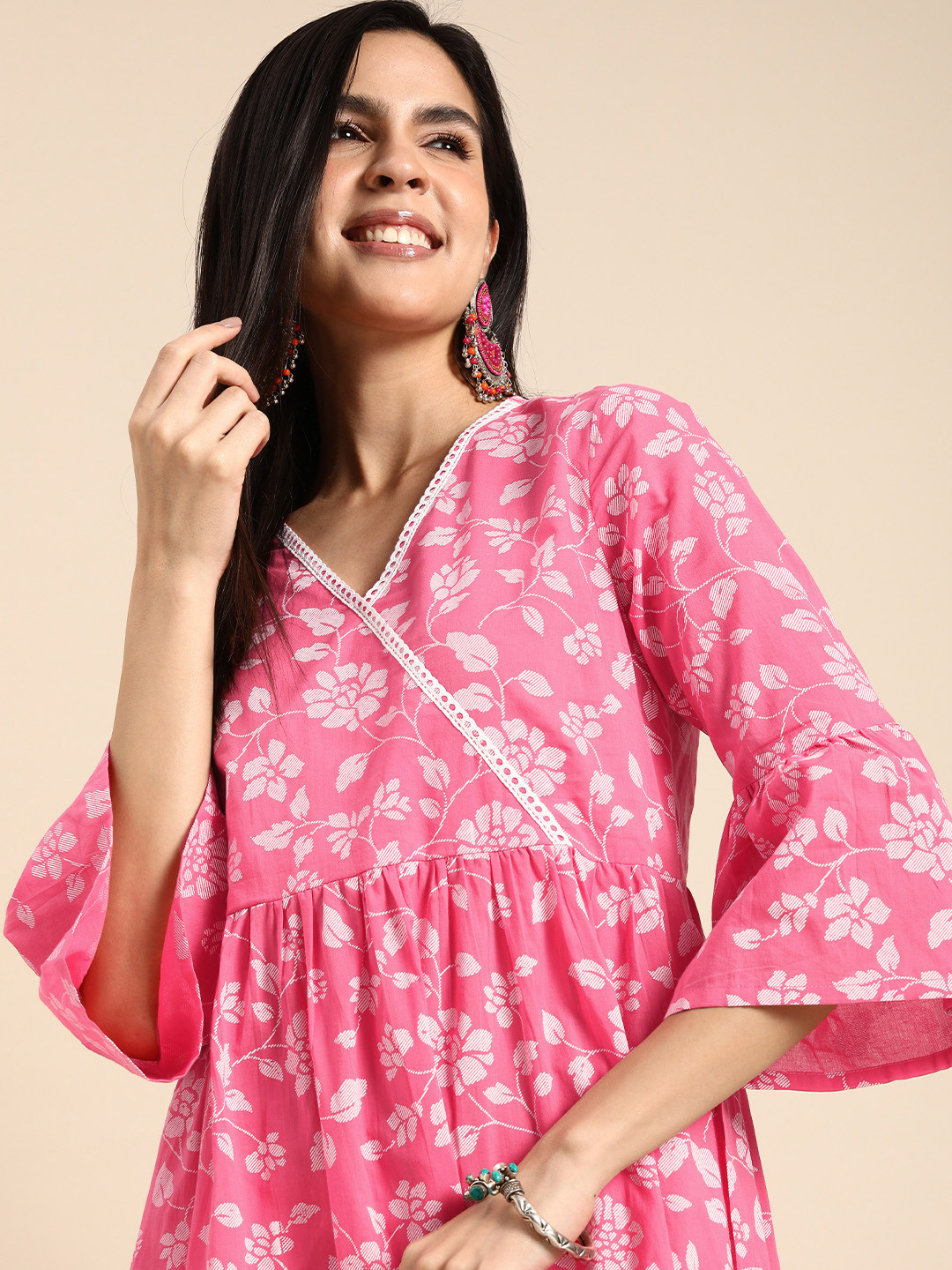 

Anouk Women Pure Cotton Floral Printed Bell Sleeves Angrakha Kurta, Pink