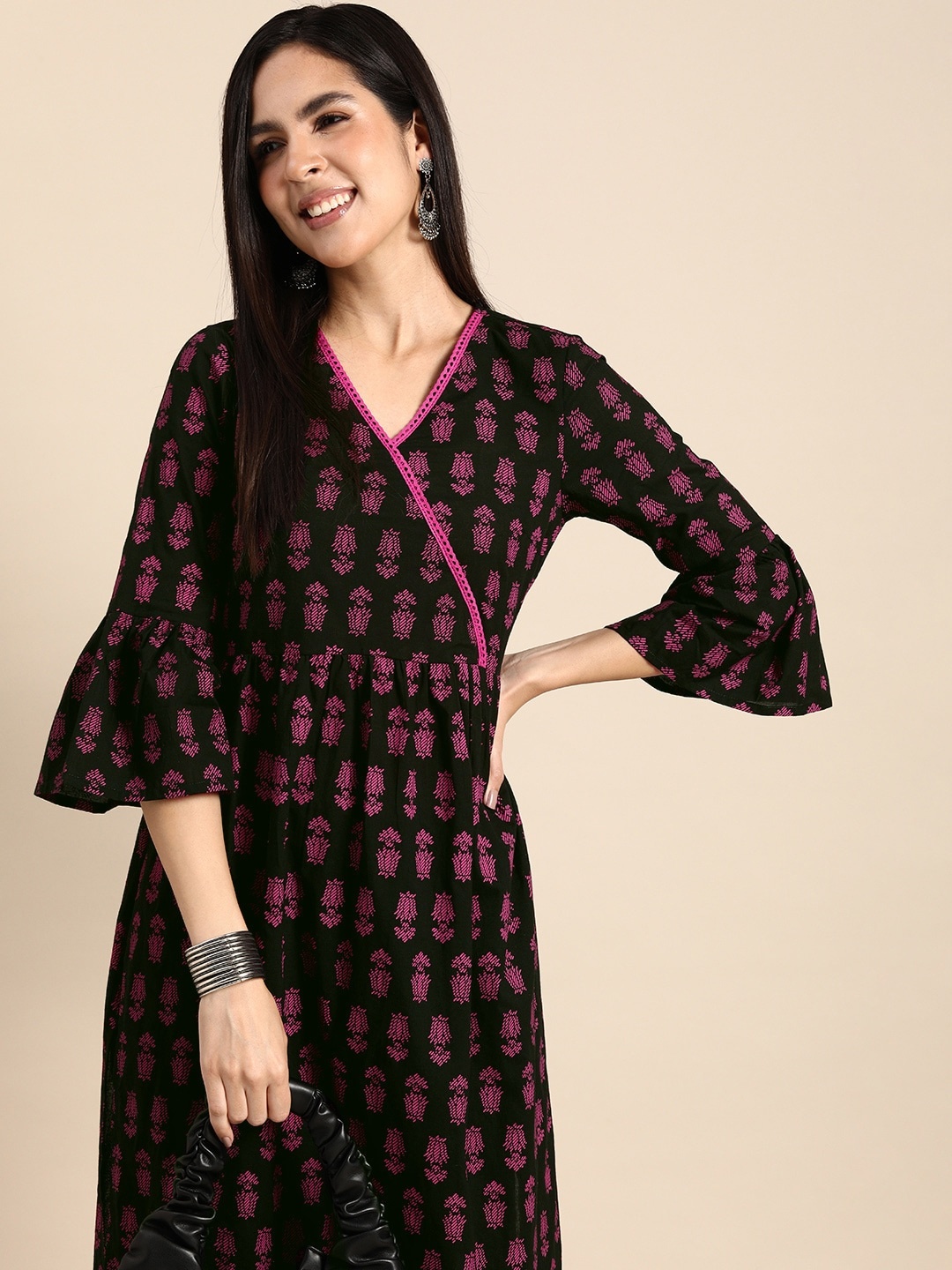 

Anouk Women Pure Cotton Floral Printed Bell Sleeves Angrakha Kurta, Black