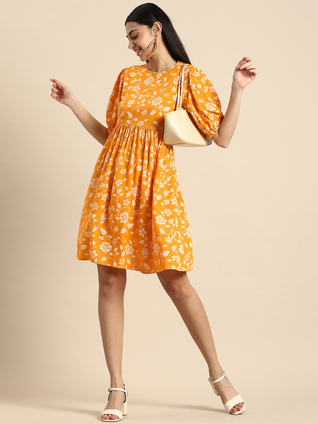 

Anouk Puff Sleeves Styled Back Floral Fit & Flare Dress, Yellow