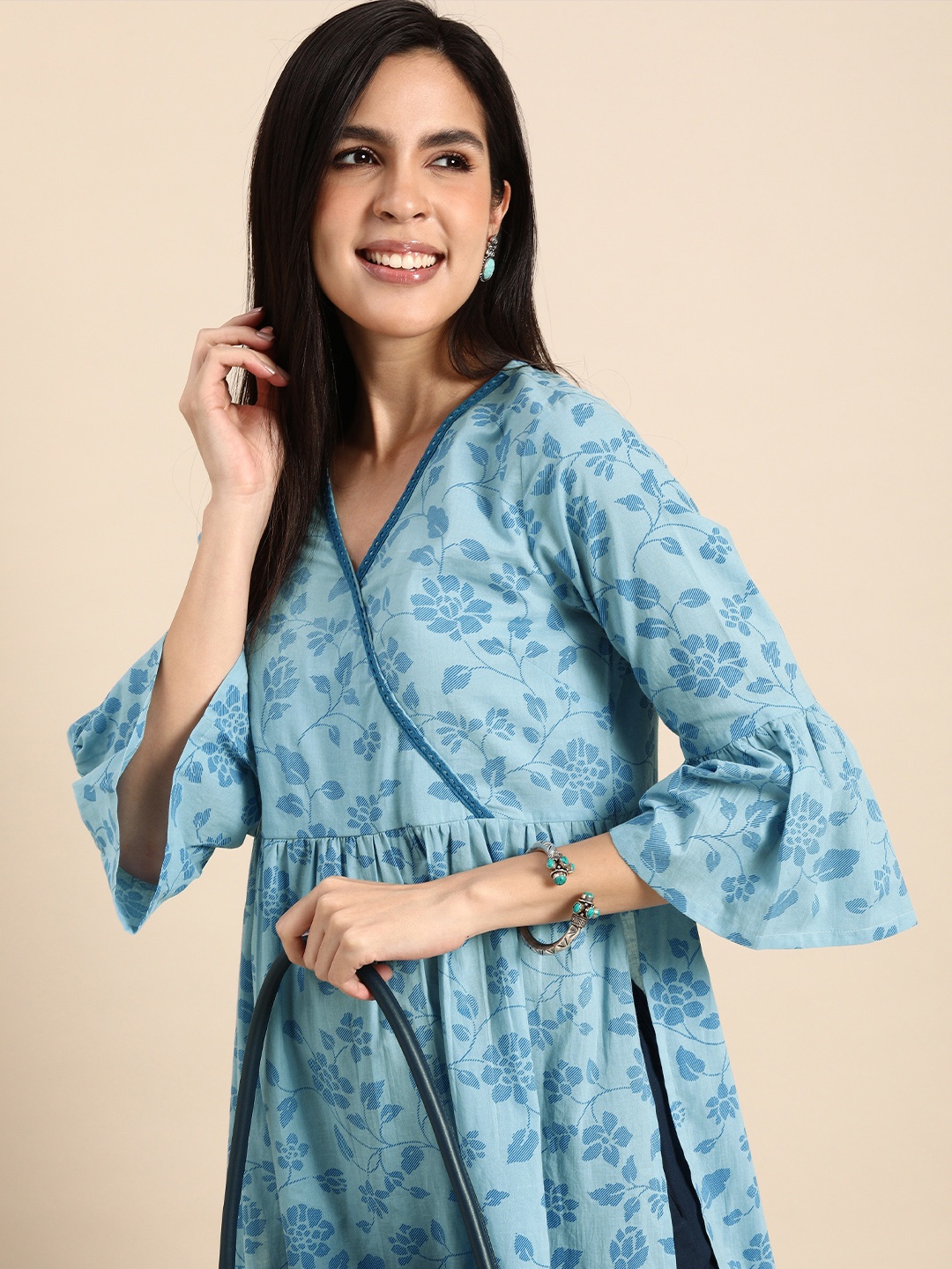 

Anouk Women Pure Cotton Floral Printed Bell Sleeves Angrakha Kurta, Blue