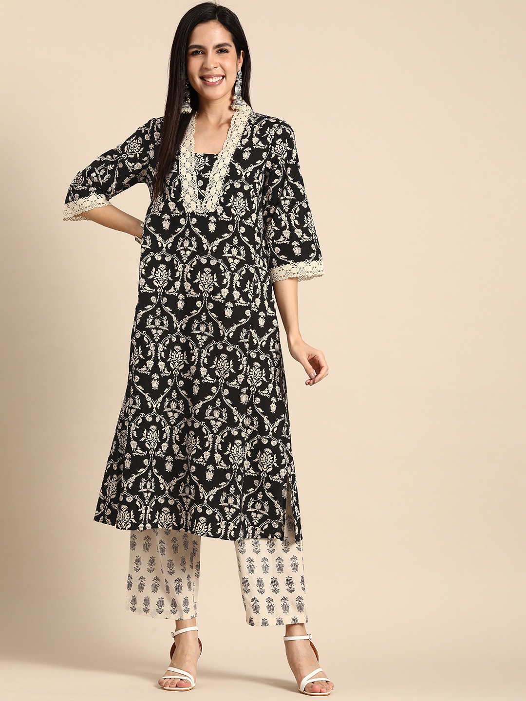 

Anouk Women Pure Cotton Ethnic Motifs Printed Kurta with Trousers, Black