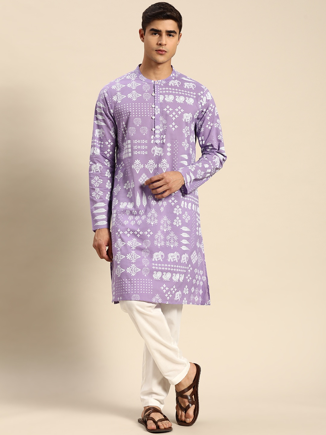 

Anouk Men Ethnic Motifs Printed Regular Pure Cotton Kurta with Pyjamas, Lavender