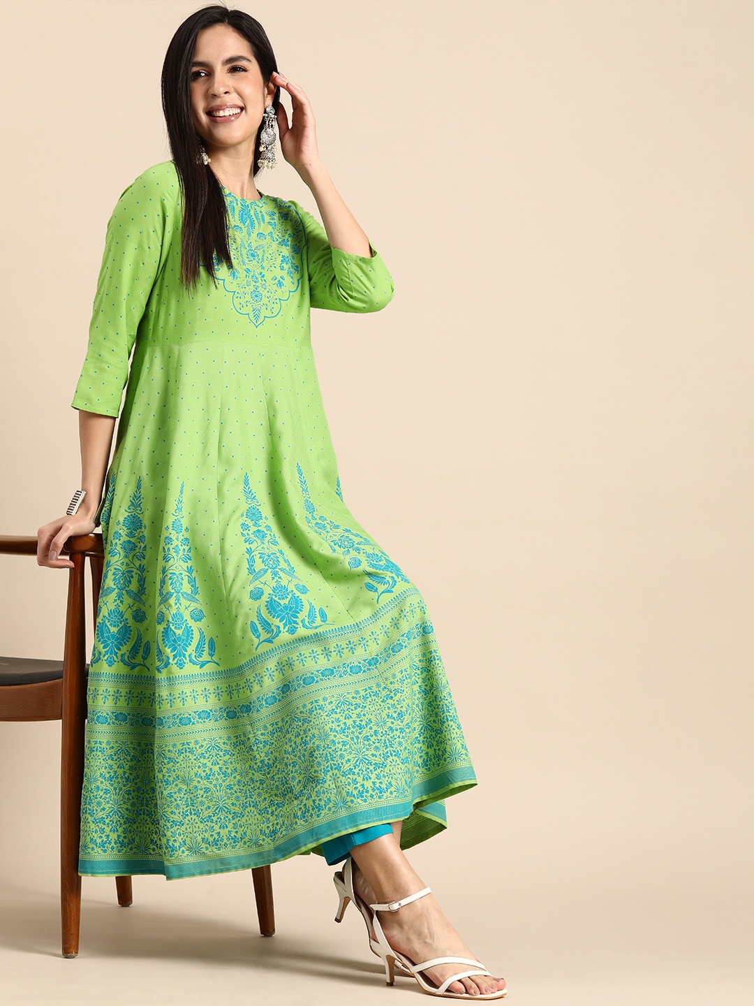 

Anouk Women Ethnic Motifs Printed Anarkali Kurta with Trousers, Lime green