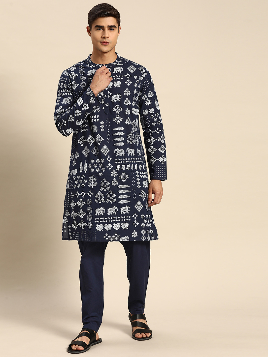 

Anouk Men Ethnic Motifs Printed Regular Pure Cotton Kurta with Pyjamas, Navy blue