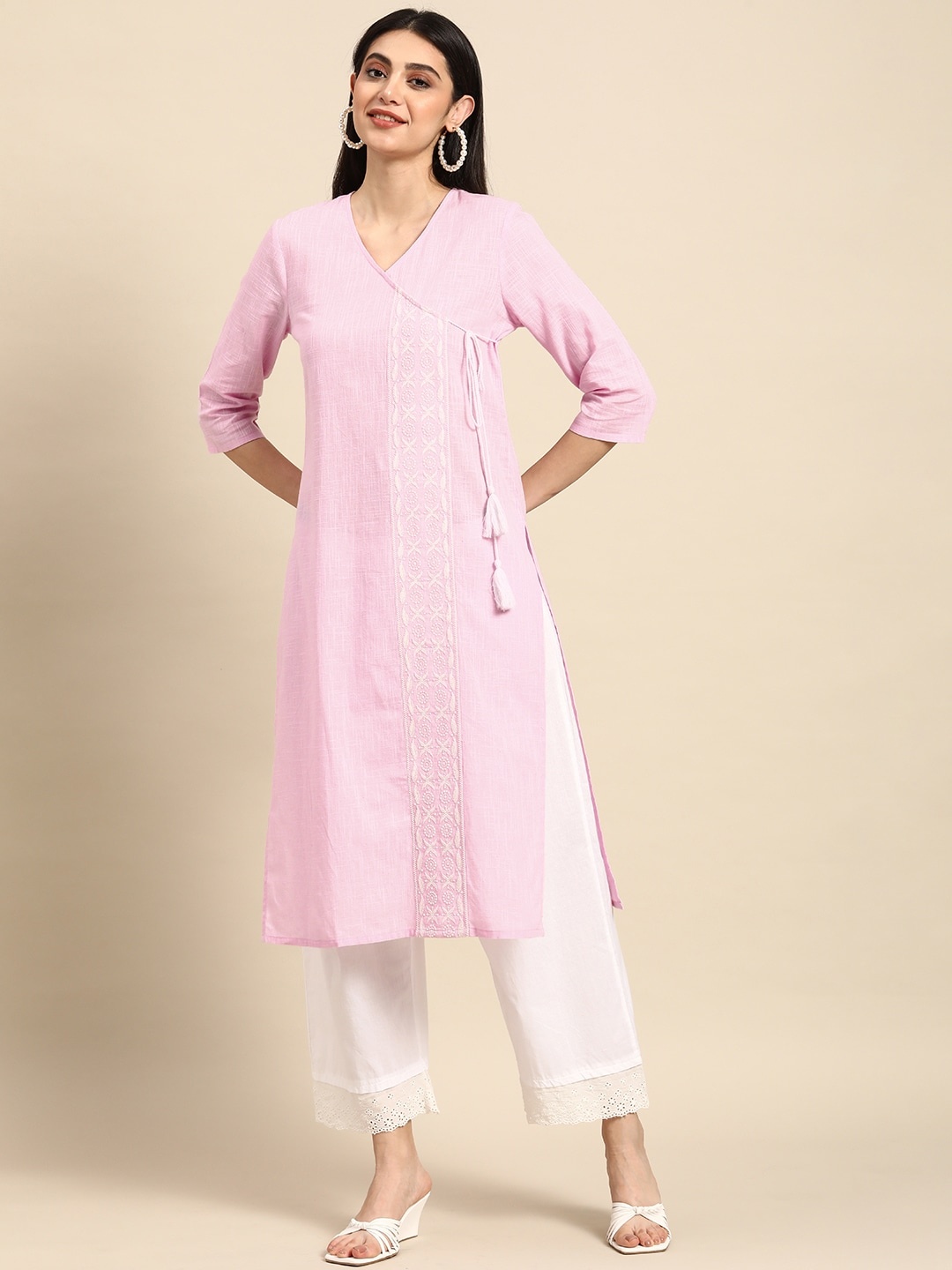 

Anouk Women Pure Cotton Ethnic Motifs Chikankari Straight Angrakha Kurta, Pink
