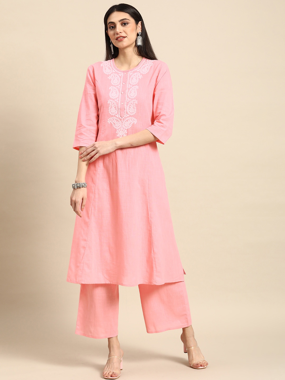 

Anouk Women Chikankari Pure Cotton A-Line Kurta with Palazzos, Pink