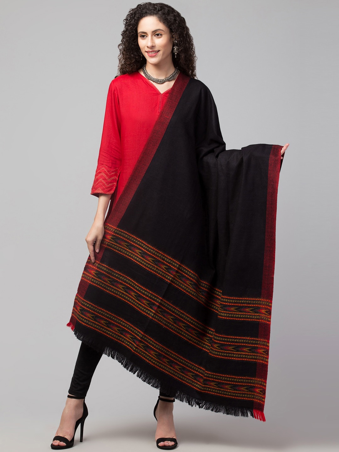 

Tweedle Women Black Traditional Kullu Woven-Design Shawl