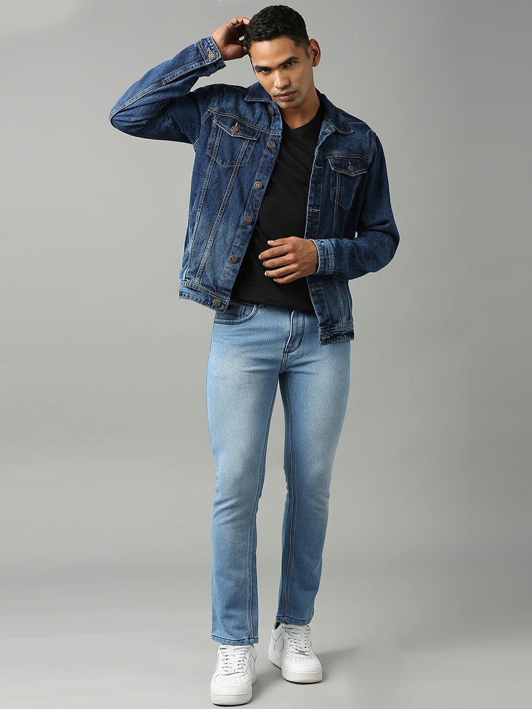 

High Star Men Blue Cotton Washed Denim Jacket