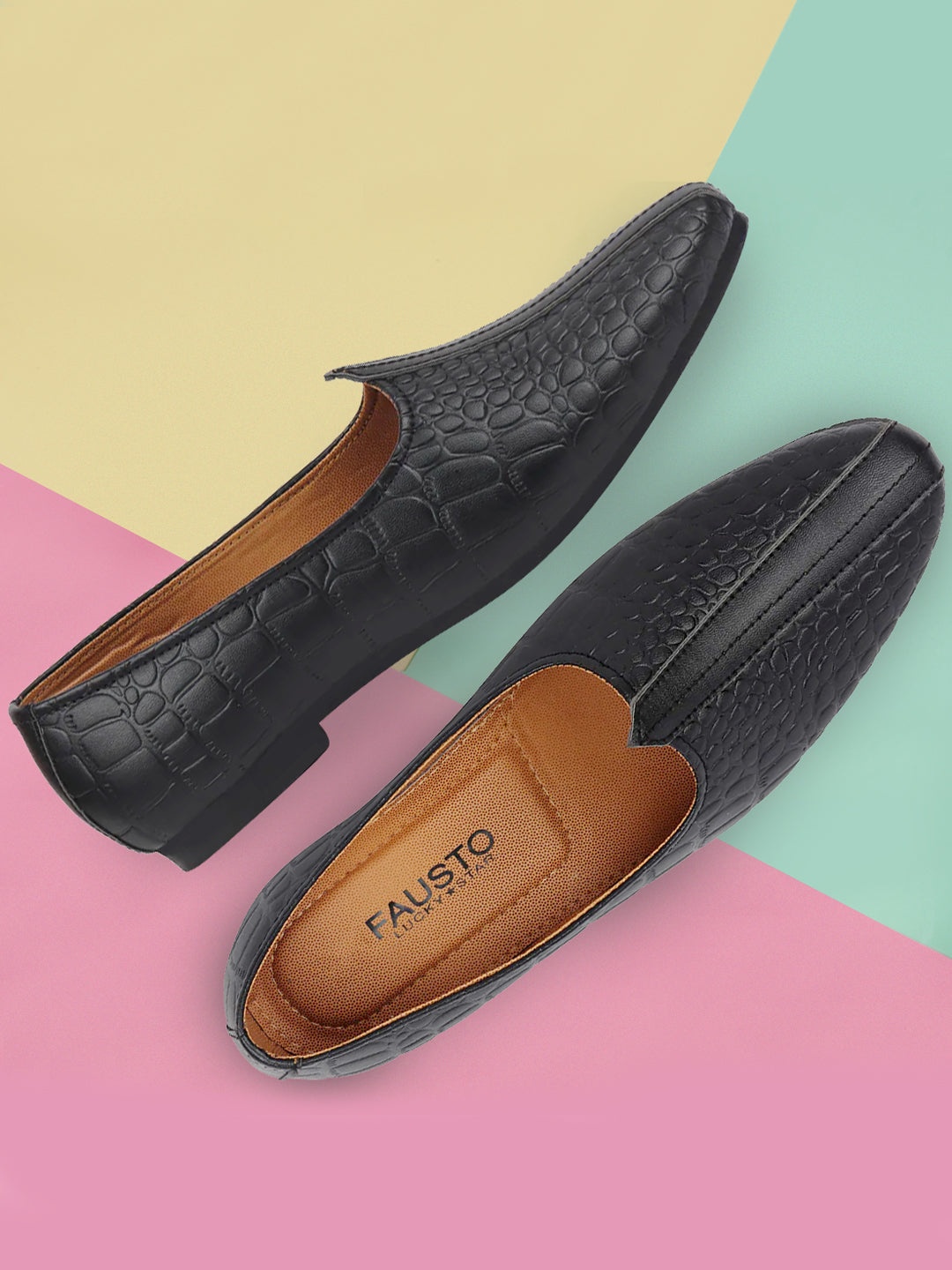 

FAUSTO Men Black Woven Design Mojaris