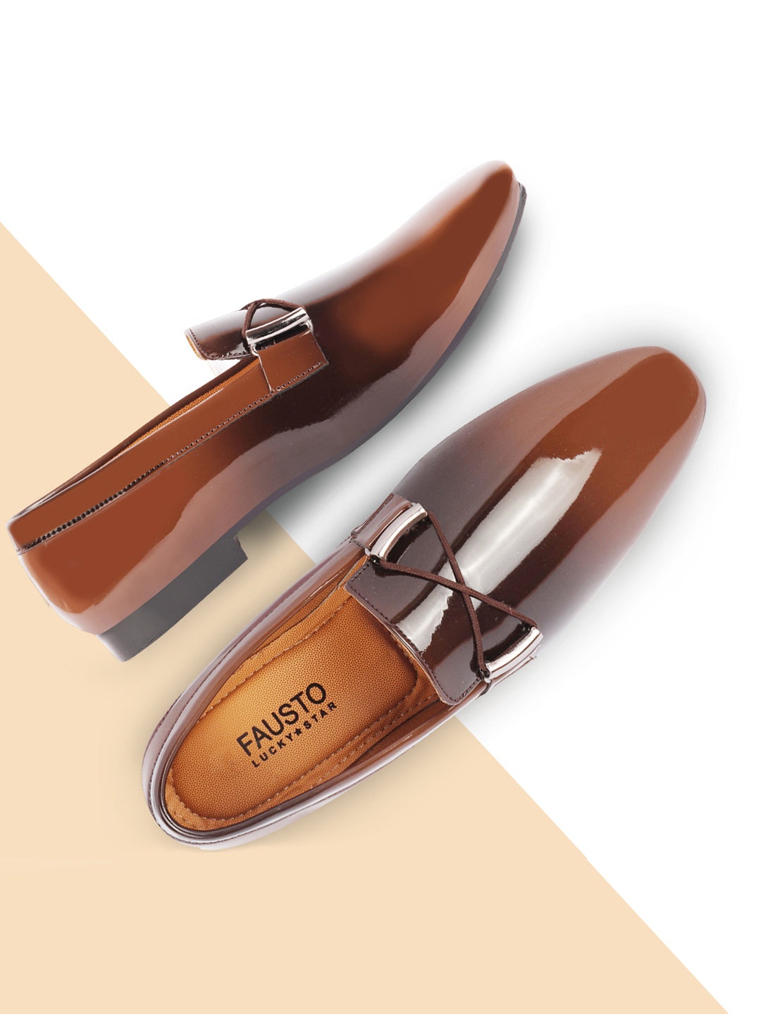 

FAUSTO Men Tan Colourblocked Patent Leather Slip-On Sneakers