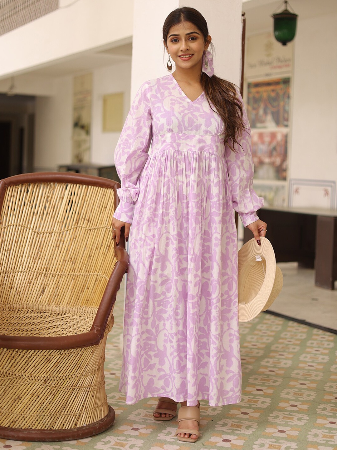 

Twilldor Off White & Purple Ethnic Motifs A-Line Maxi Cotton Dress