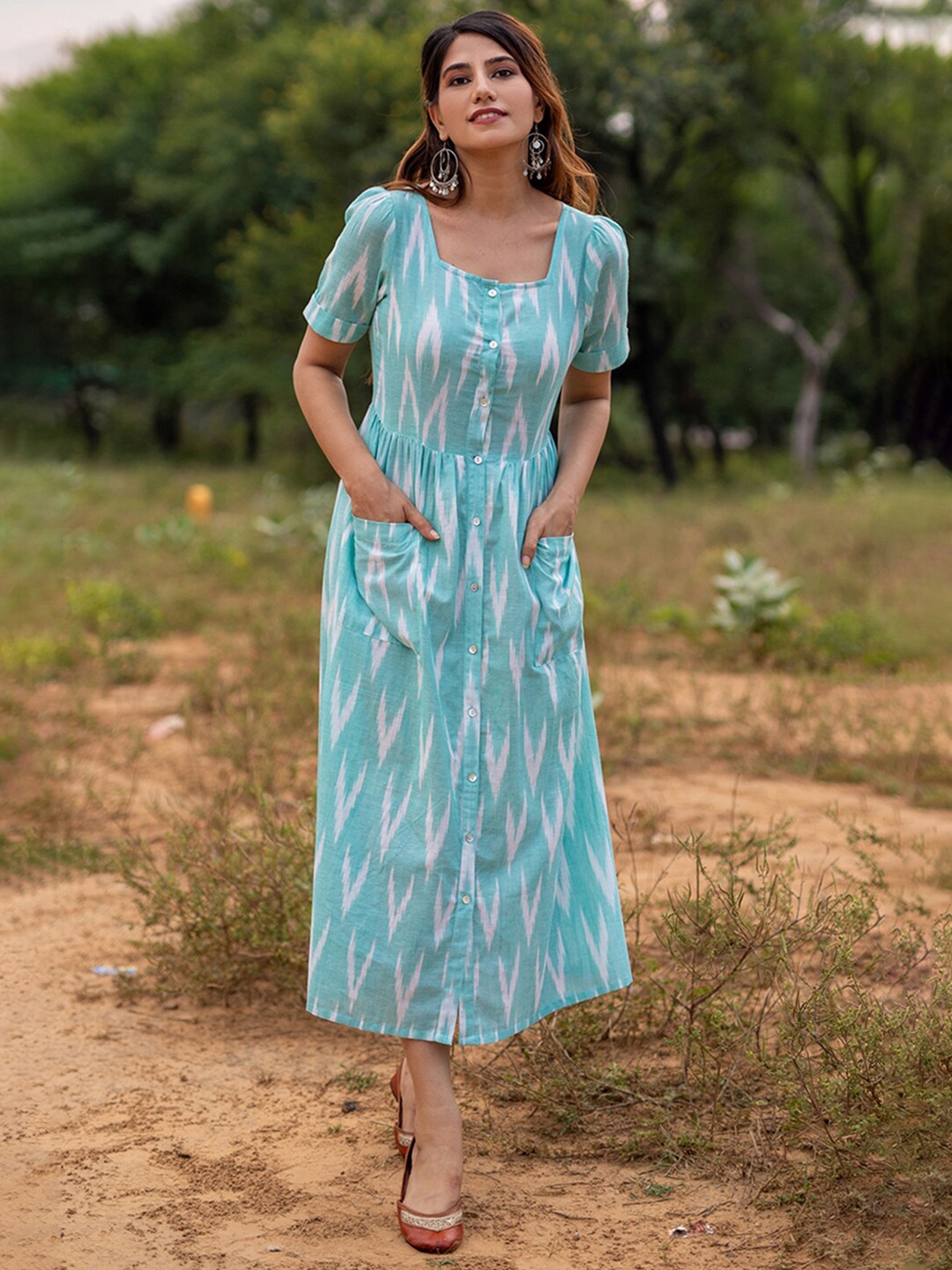 

GULAB CHAND TRENDS Turquoise Blue A-Line Maxi Cotton Dress