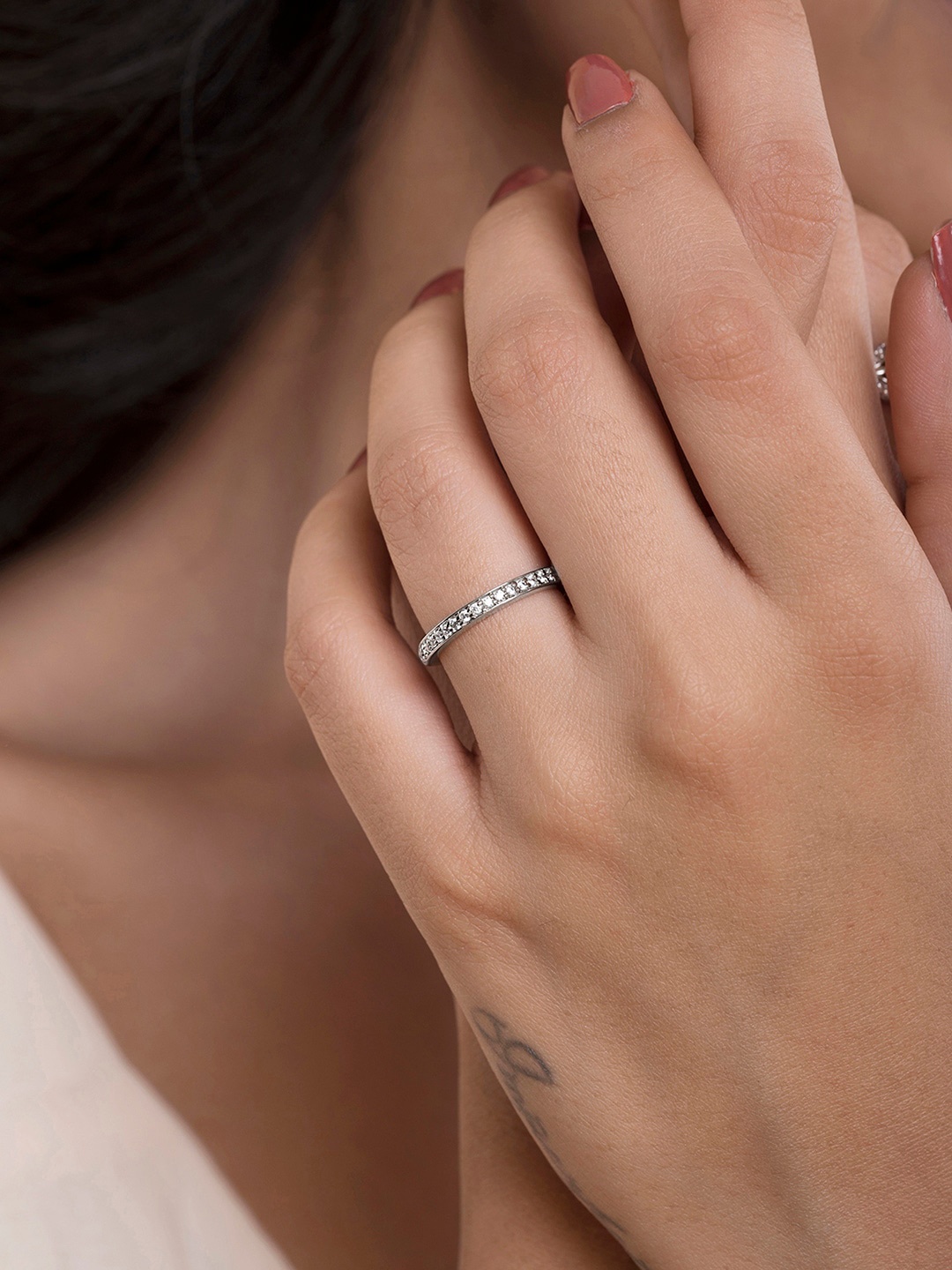 

March by FableStreet 92.5 Sterling Silver Rhodium-plated CZ-Studded Dainty Finger Ring