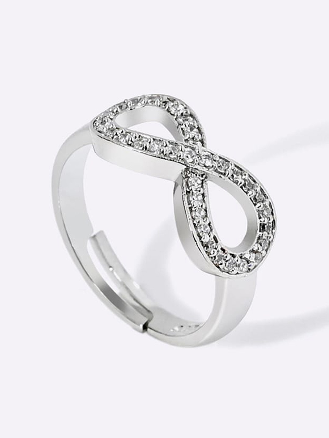 

March by FableStreet Sterling Silver Rhodium-Plated CZ-Studded Infinity Design Adjustable Finger Ring