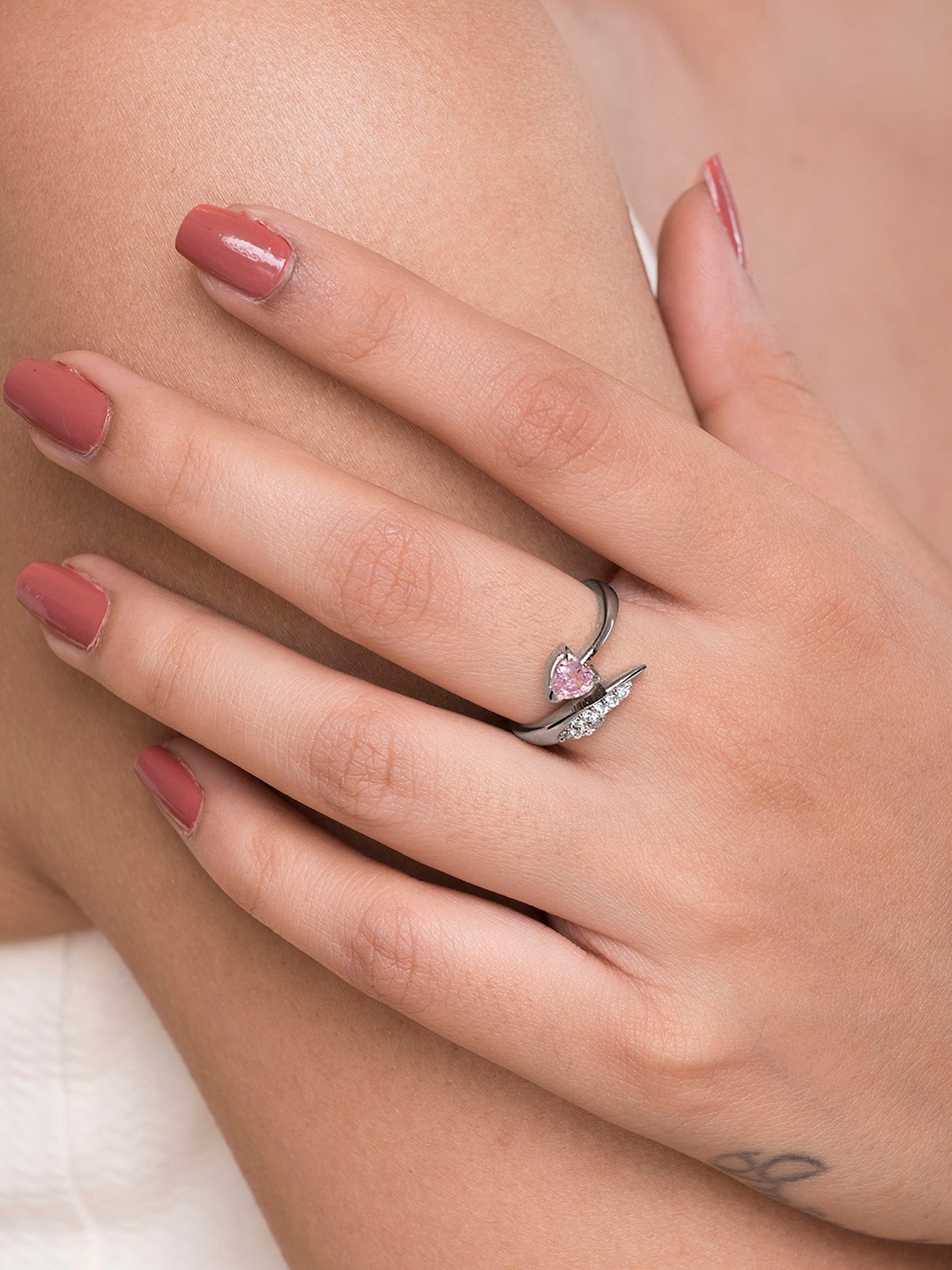 

March by FableStreet Pink Sterling Silver Rhodium-Plated CZ-Studded Finger Ring