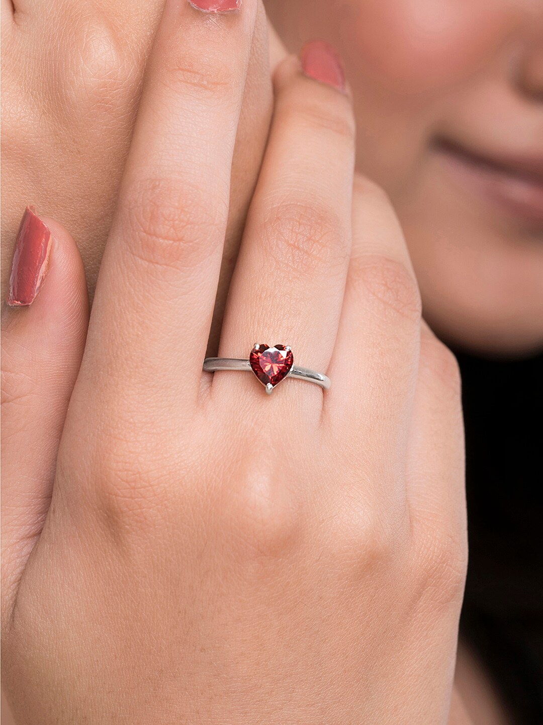 

March by FableStreet Red & Silver-Plated Sterling Silver CZ-Studded Finger Ring