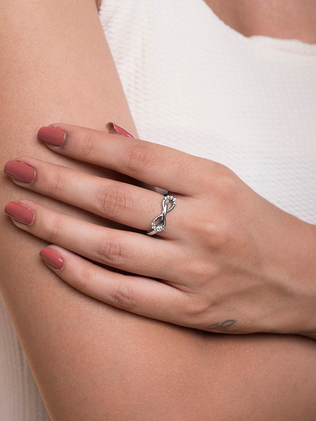 

March by FableStreet Rhodium-plated Sterling Silver CZ Stone -Studded Finger Ring