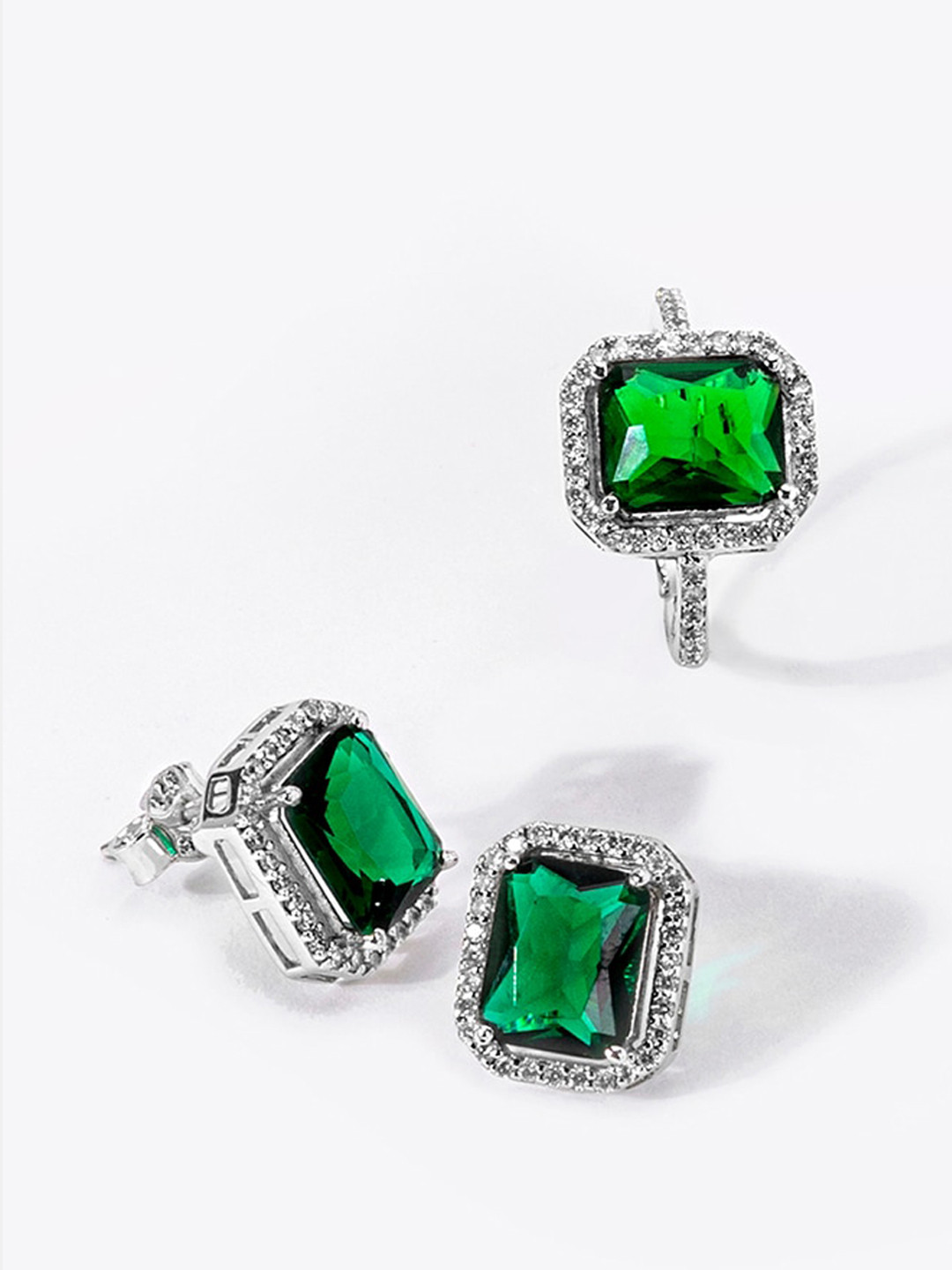 

March by FableStreet Ring Set & Green CZ Studded Ring Set, Silver