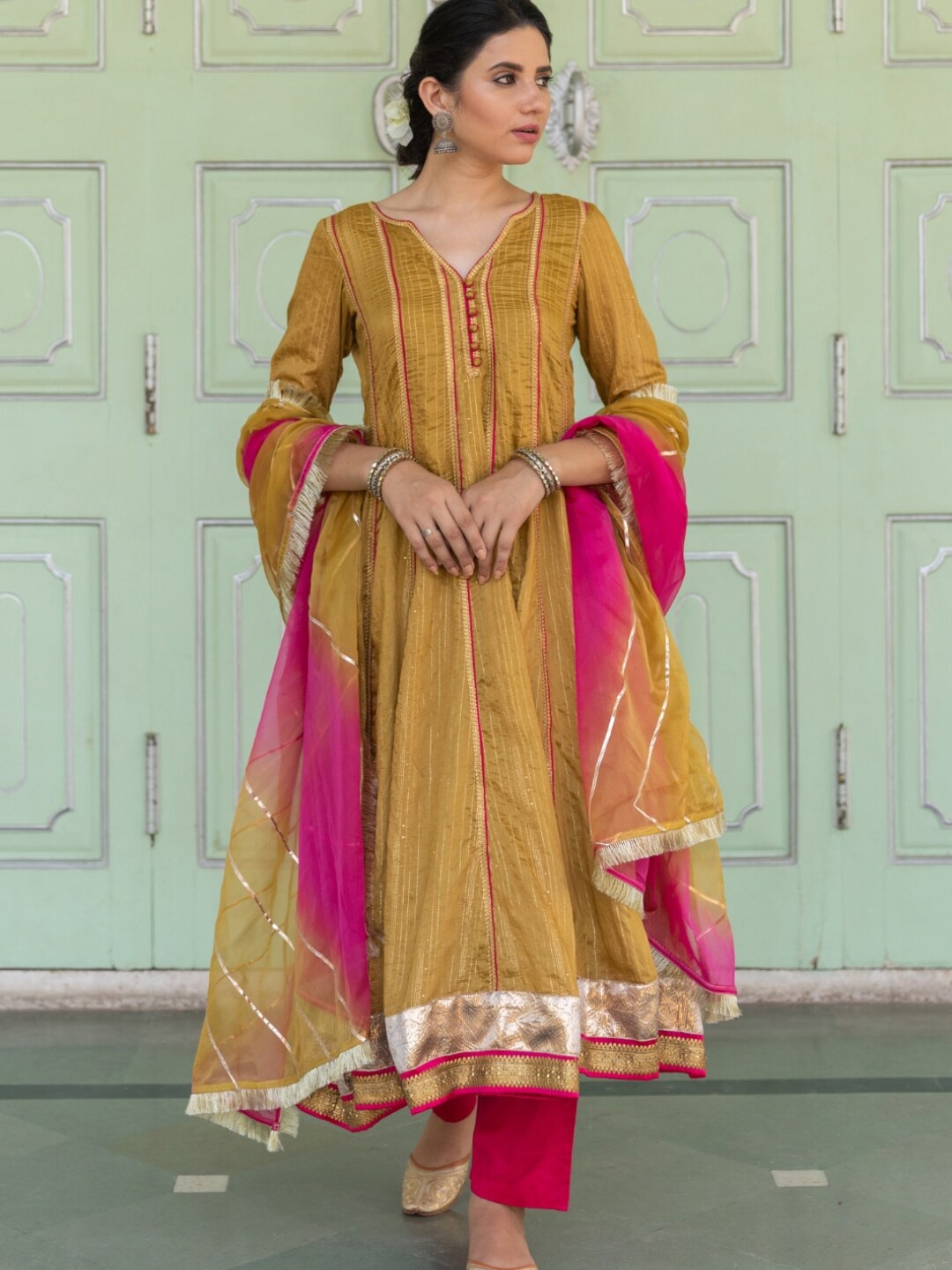 

MYAARA Women Mustard Yellow Embroidered Kurta with Trousers & Dupatta