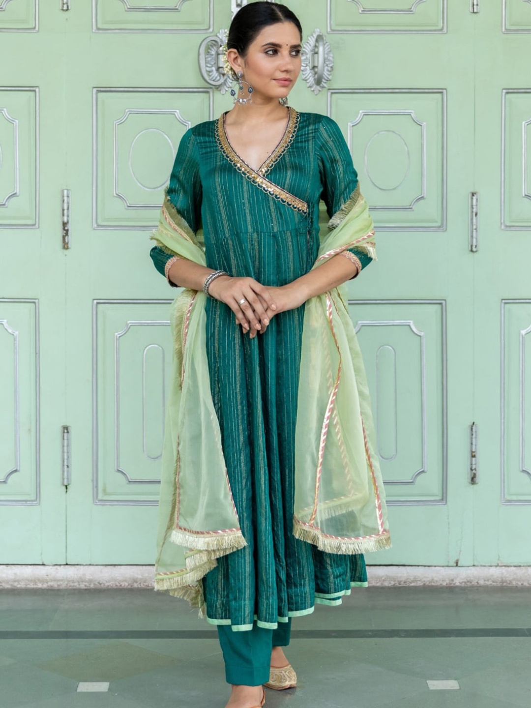 

MYAARA Women Green Angrakha Kurta with Trousers & Dupatta
