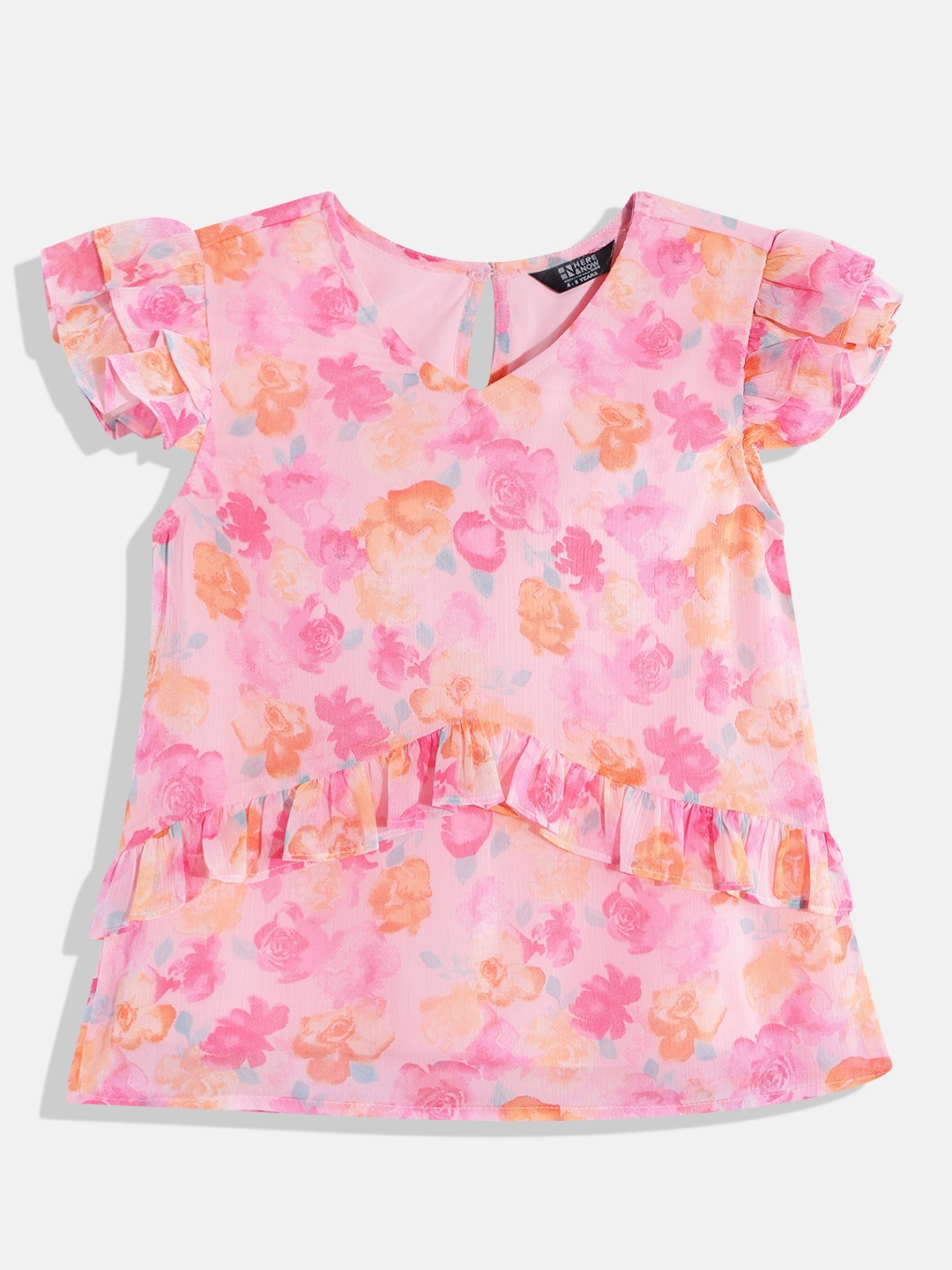 

HERE&NOW Girls Floral Print Layered Chiffon Tiered Top, Pink