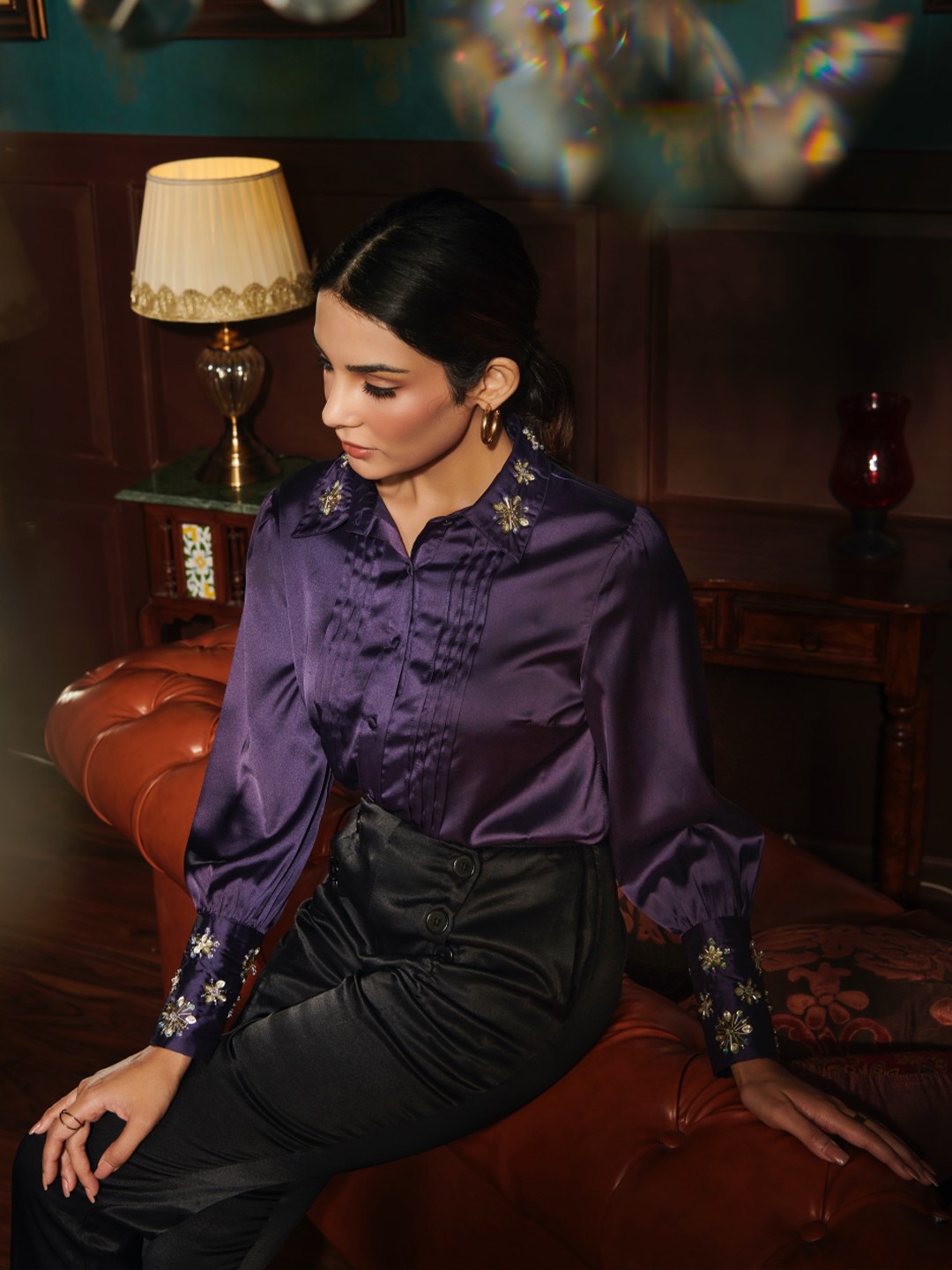 

Style Island Purple Spread Collar Satin Top