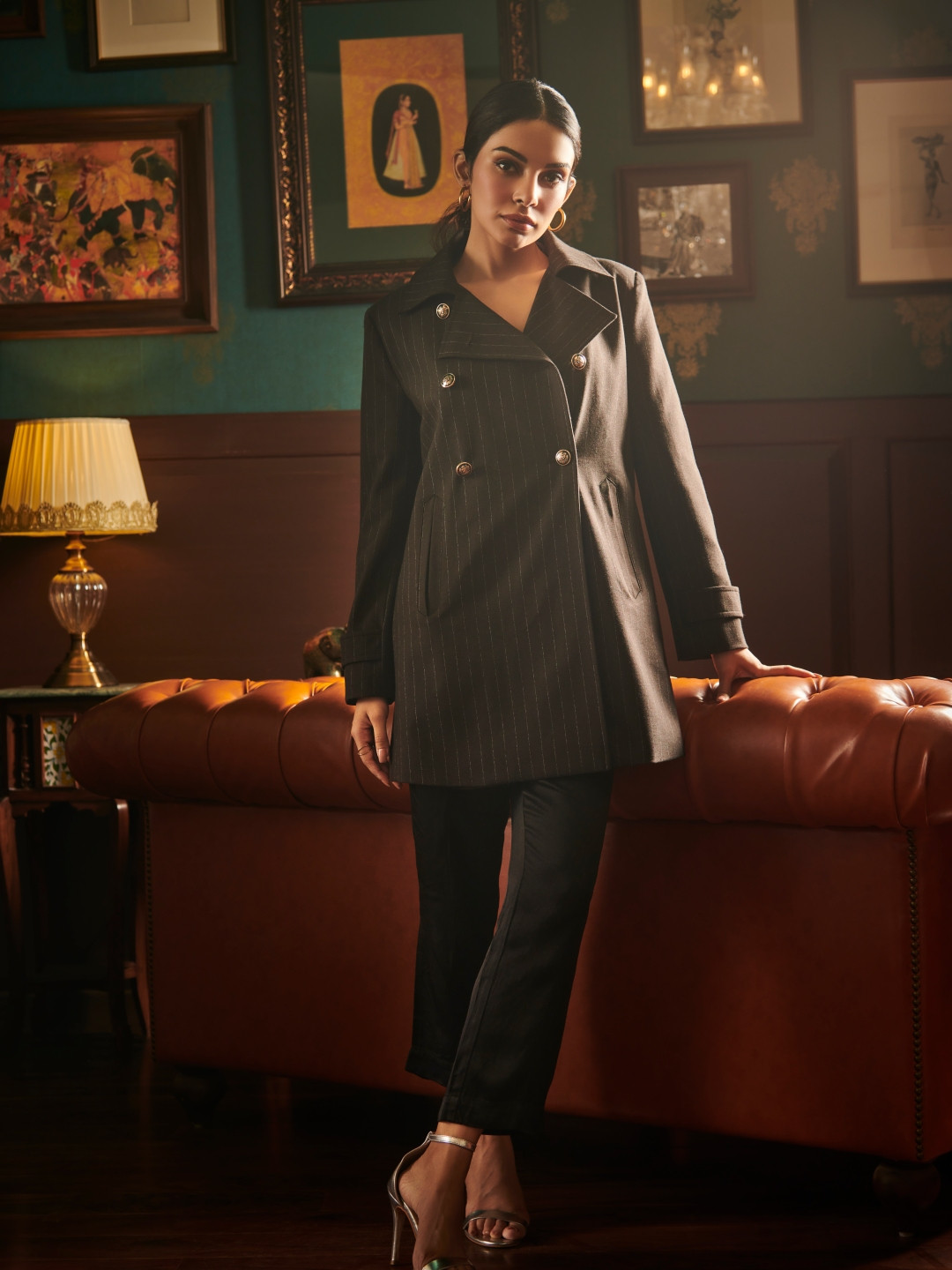 

Style Island Striped Longline Pea Coat, Brown
