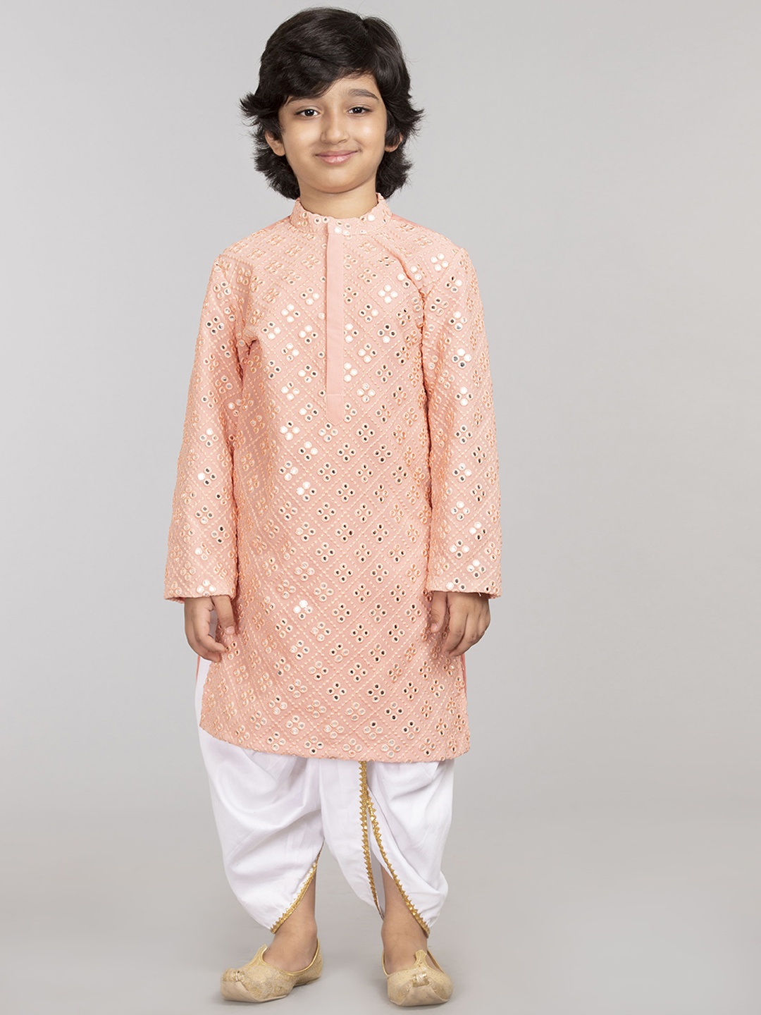 

BYB PREMIUM Boys Pink Embroidered Mirror Work Kurta with Dhoti Pants