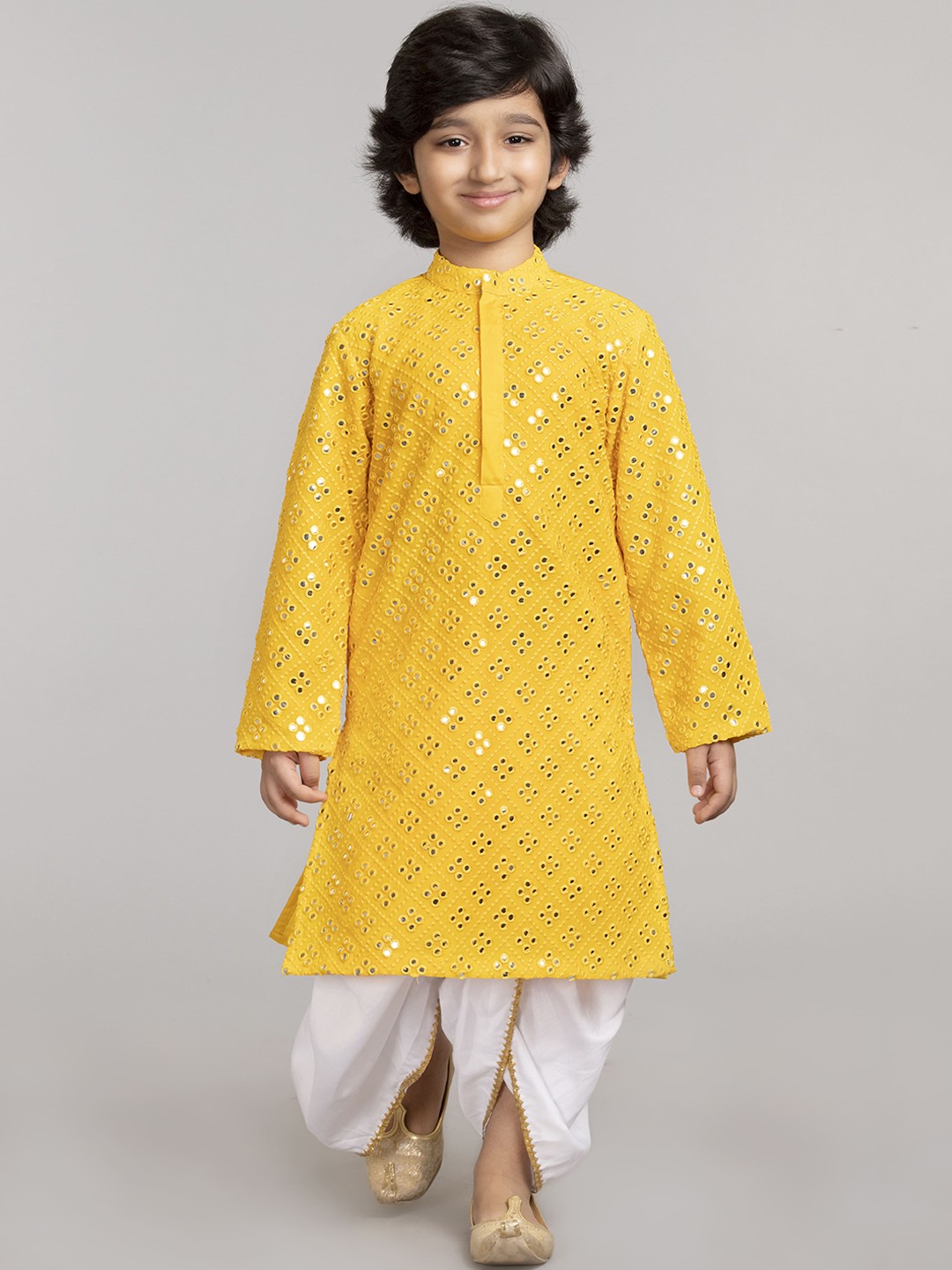

BYB PREMIUM Boys Yellow Embroidered Mirror Work Kurta with Dhoti Pants