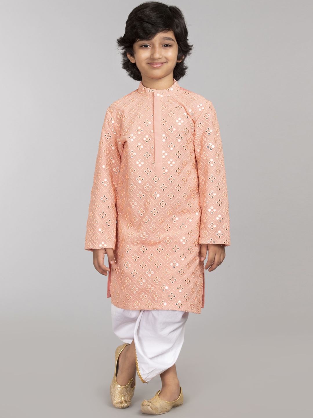 

BYB PREMIUM Boys Pink Embroidered Mirror Work Kurta with Dhoti Pants