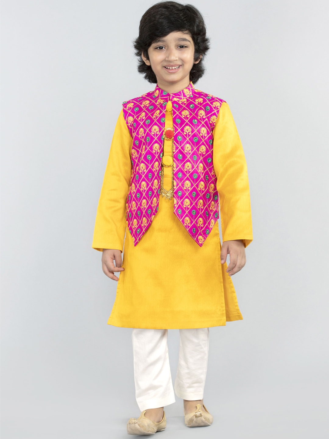 

BYB PREMIUM Boys Yellow Layered Thread Work Kurta with Trousers