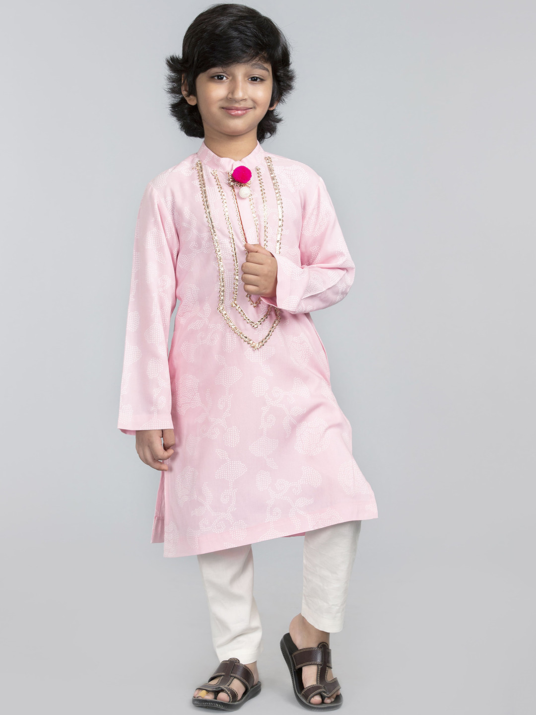 

BYB PREMIUM Boys Pink Floral Printed Gotta Patti Kurta with Pyjamas