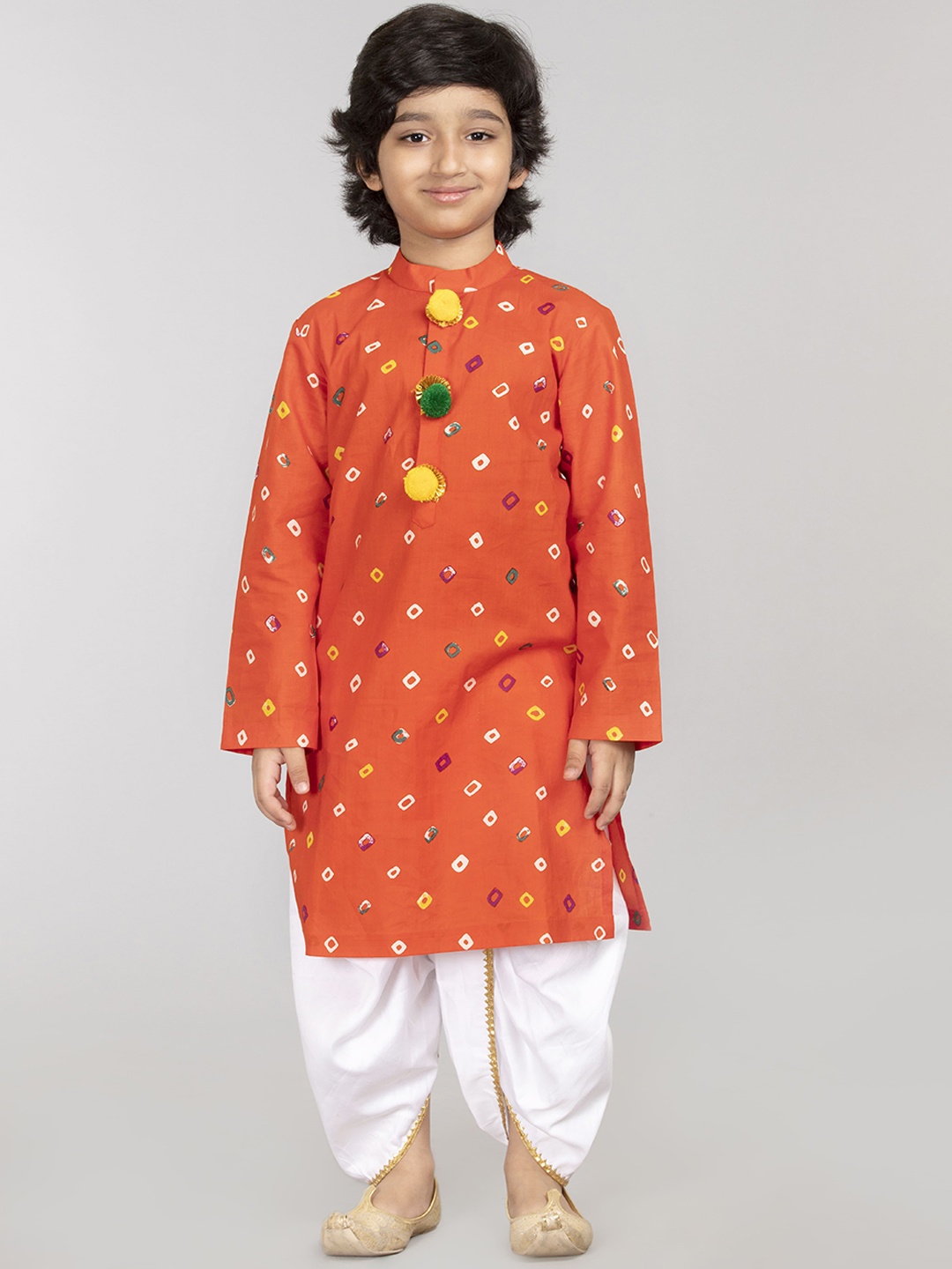 

BYB PREMIUM Boys Orange-Color Bandhani Printed Pure Cotton Kurta & Dhoti Pants
