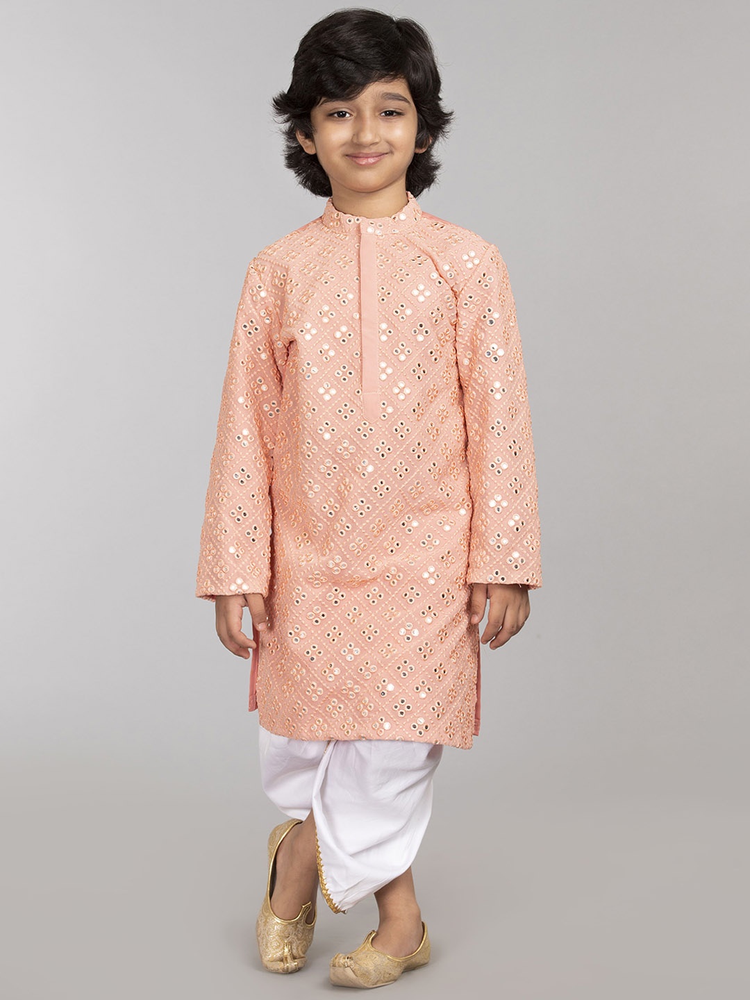 

BYB PREMIUM Boys Pink Embroidered Mirror Work Kurta with Dhoti Pants