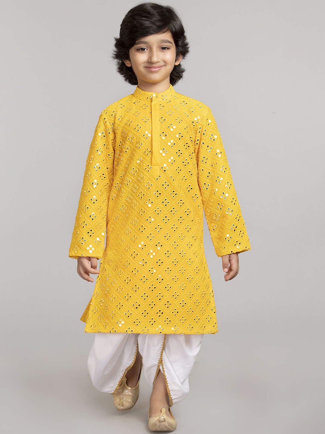 

BYB PREMIUM Boys Yellow Mirror Work Embroidered Kurta with Dhoti Pant Set
