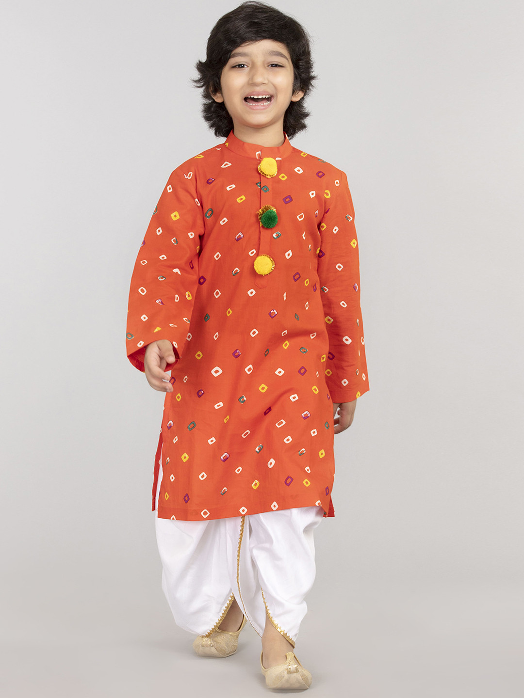 

BYB PREMIUM Boys Orange Bandhani Printed Pure Cotton Kurta with Dhoti Pant Set