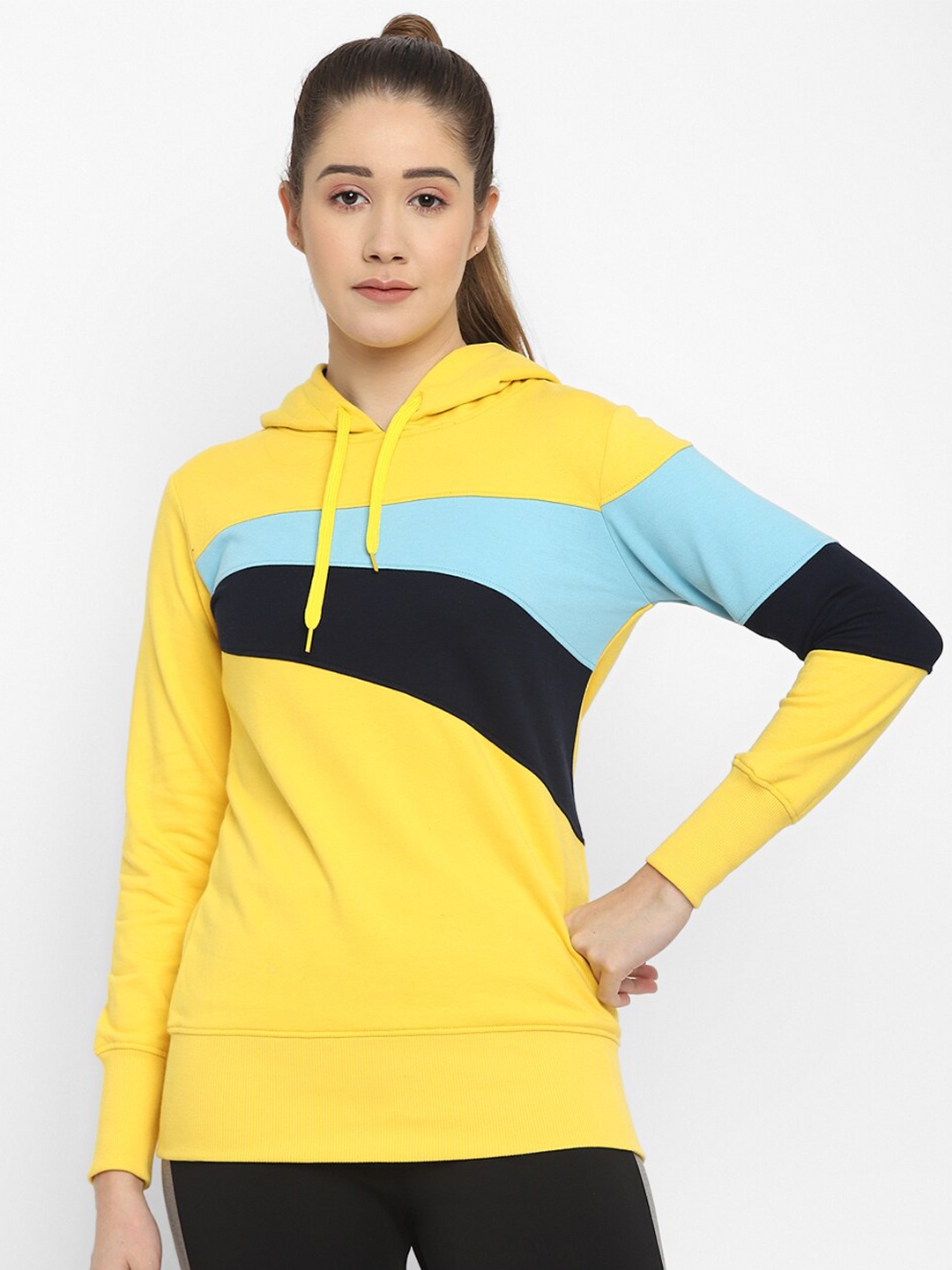 

OFF LIMITS Women Yellow Colourblocked Cotton Hooded Sweatshirt